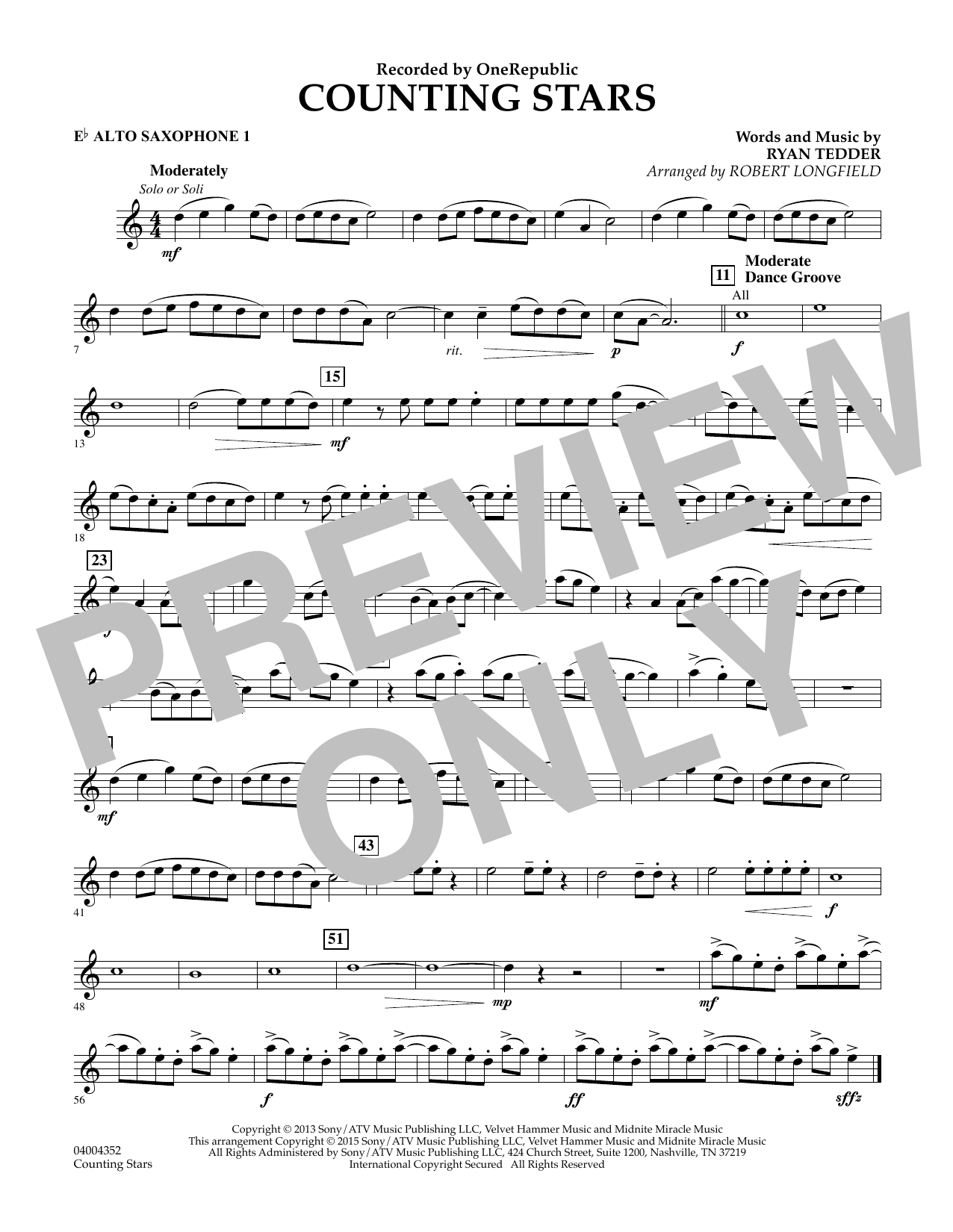 Robert Longfield Counting Stars Eb Alto Saxophone 1 Sheet Music Download Pdf Score 341498