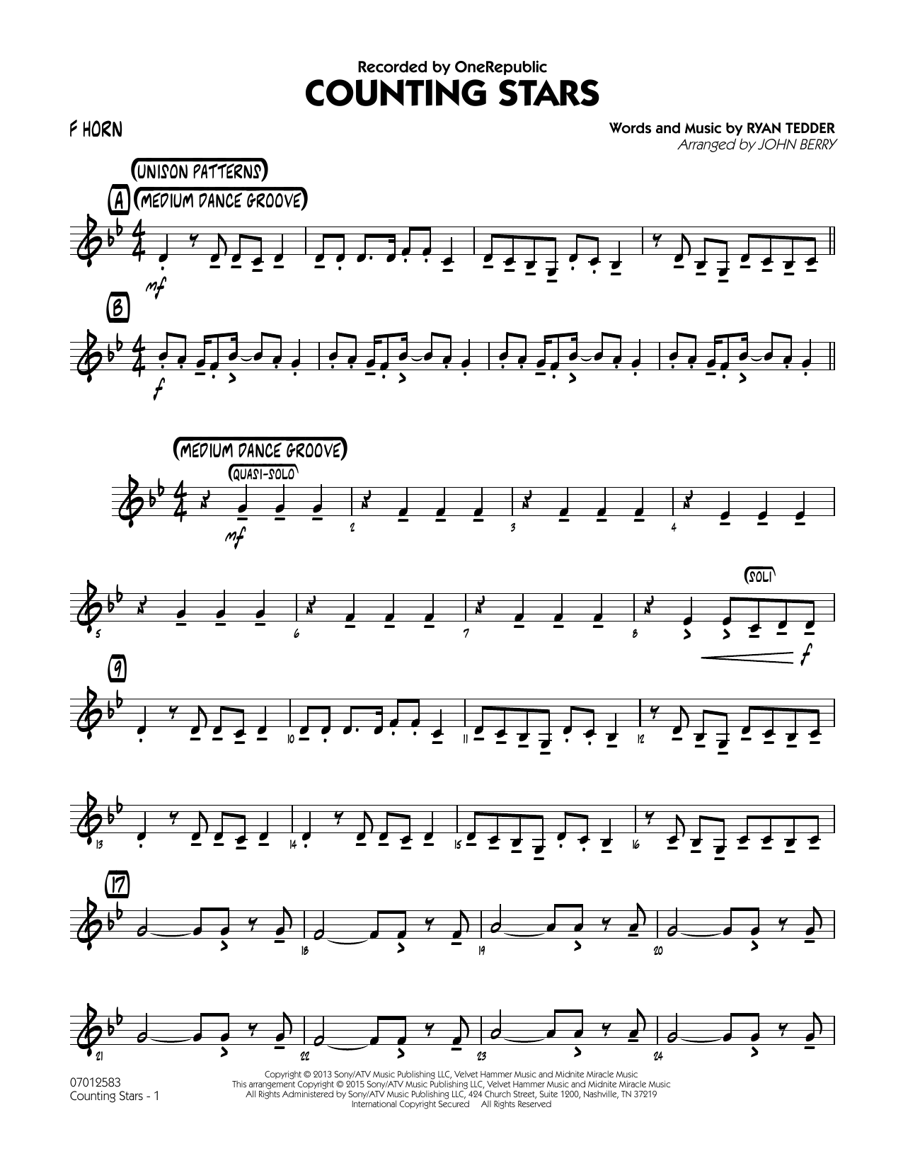 Matt Conaway Counting Stars F Horn Sheet Music Download Pdf Score 326580