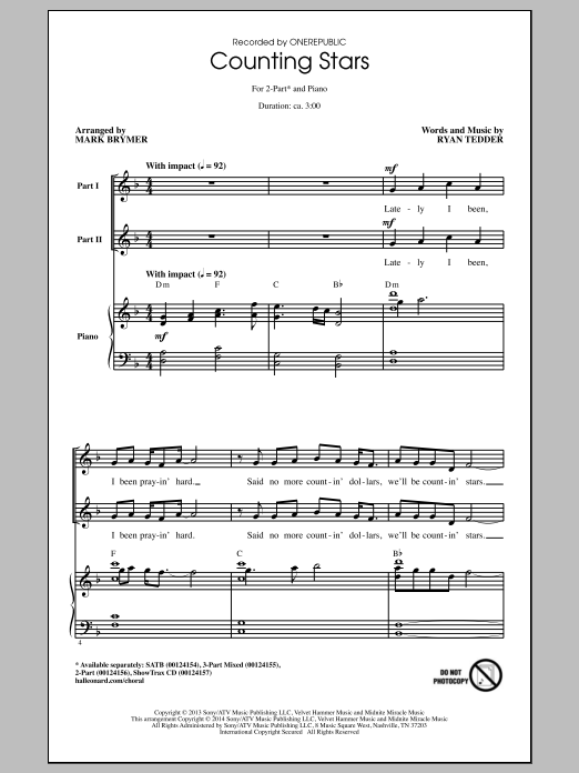Onerepublic Counting Stars Arr Mark Brymer Sheet Music Download Pdf Score 154542