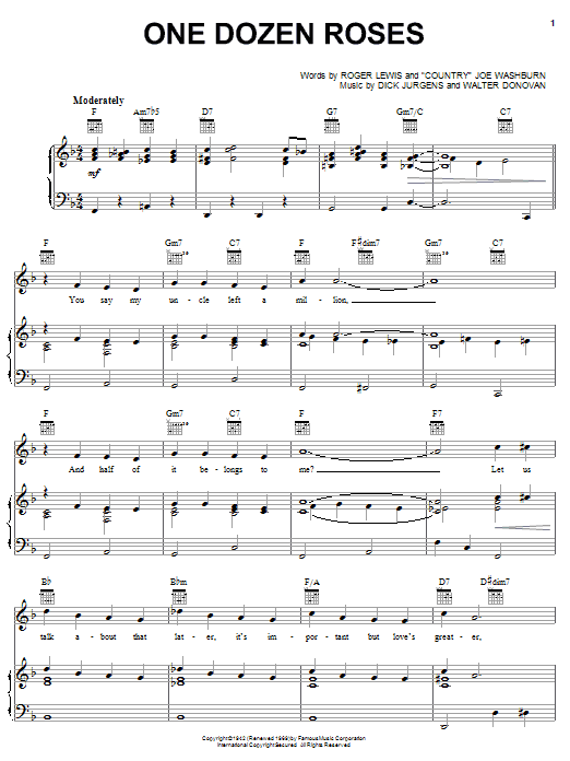 Preview Country Joe Washburn One Dozen Roses Country sheet music, notes and chords for Piano, Vocal & Guitar (Right-Hand Melody), SKU: 18300 One Dozen Roses sheet music