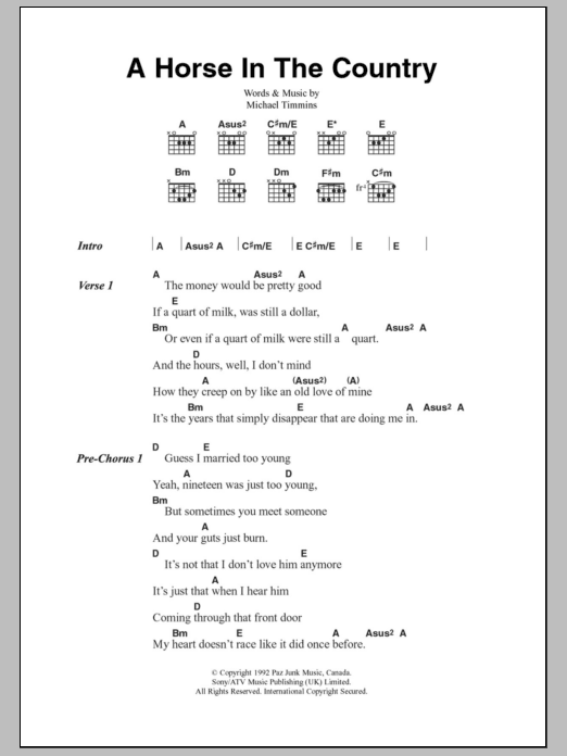 Cowboy Junkies A Horse In The Country Sheet Music Notes & Chords for Lyrics & Chords - Download or Print PDF