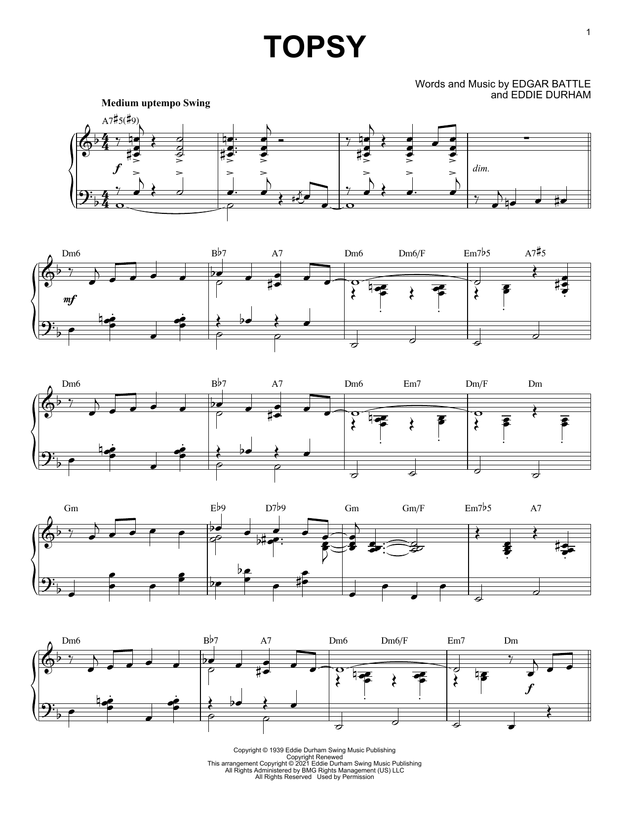 Cozy Cole Topsy [Jazz version] (arr. Brent Edstrom) Sheet Music Notes & Chords for Piano Solo - Download or Print PDF