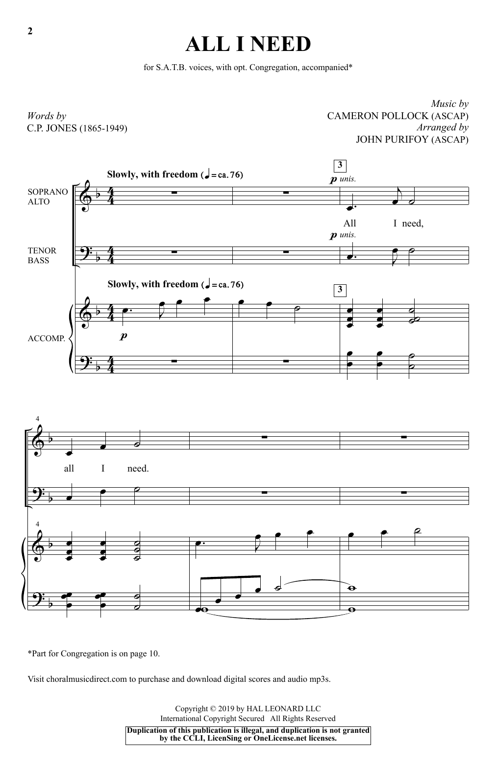 C.P. Jones and Cameron Pollock All I Need (arr. John Purifoy) Sheet Music Notes & Chords for SATB Choir - Download or Print PDF