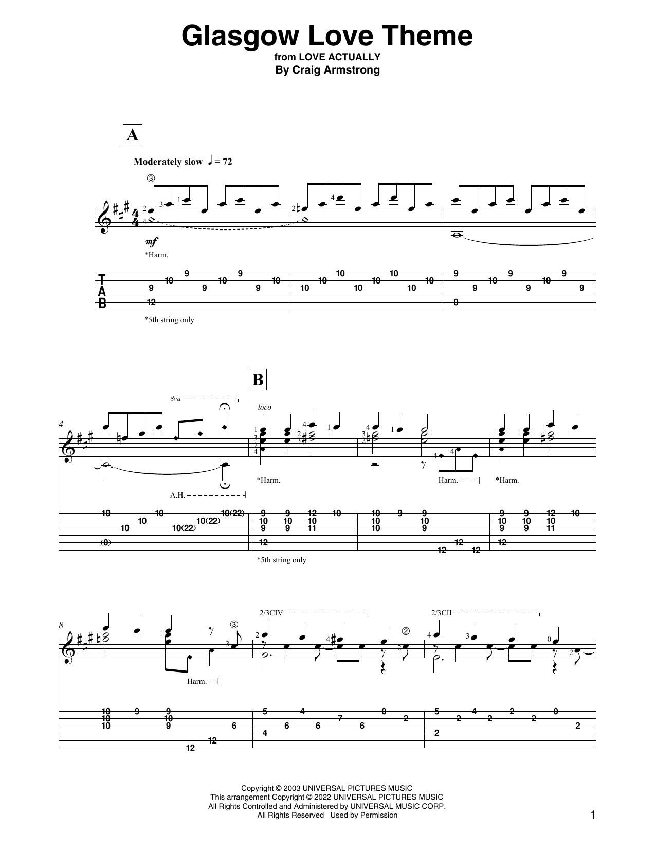 Craig Armstrong Glasgow Love Theme (from Love Actually) (arr. David Jaggs) Sheet Music Notes & Chords for Solo Guitar - Download or Print PDF