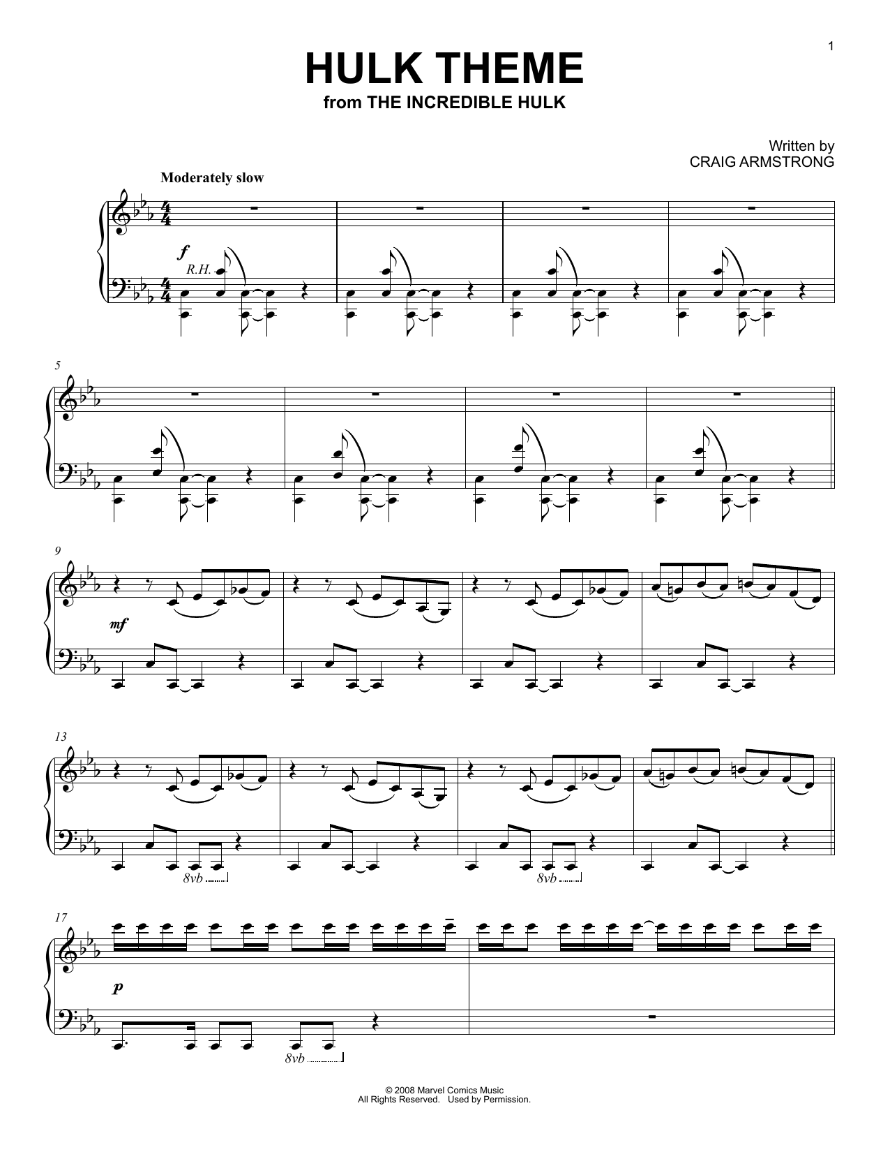Craig Armstrong Hulk Theme (from The Incredible Hulk) Sheet Music Notes & Chords for Piano Solo - Download or Print PDF