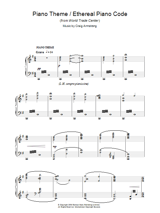 Craig Armstrong Piano Theme/Ethereal Piano Code (from World Trade Center) Sheet Music Notes & Chords for Piano - Download or Print PDF