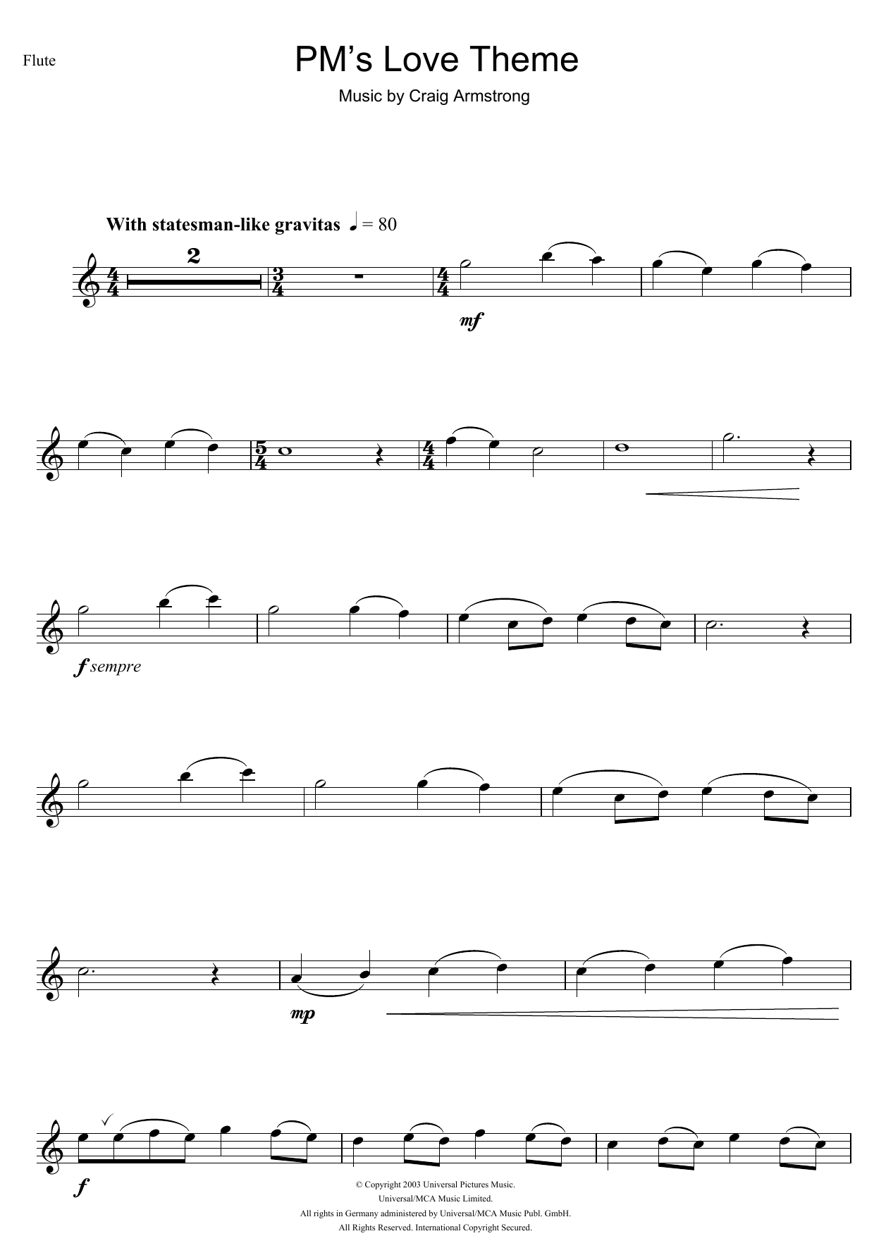 Craig Armstrong P.M.'s Love Theme (from Love Actually) Sheet Music Notes & Chords for Flute - Download or Print PDF