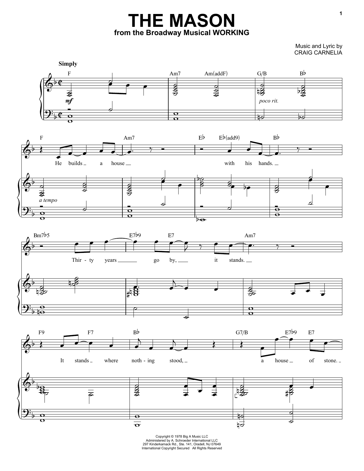 Craig Carnelia The Mason Sheet Music Notes & Chords for Melody Line, Lyrics & Chords - Download or Print PDF