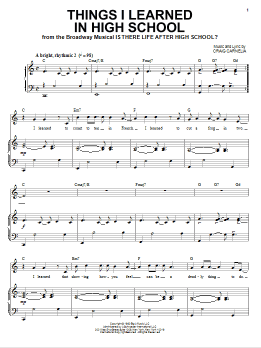 Craig Carnelia Things I Learned In High School Sheet Music Notes & Chords for Piano & Vocal - Download or Print PDF
