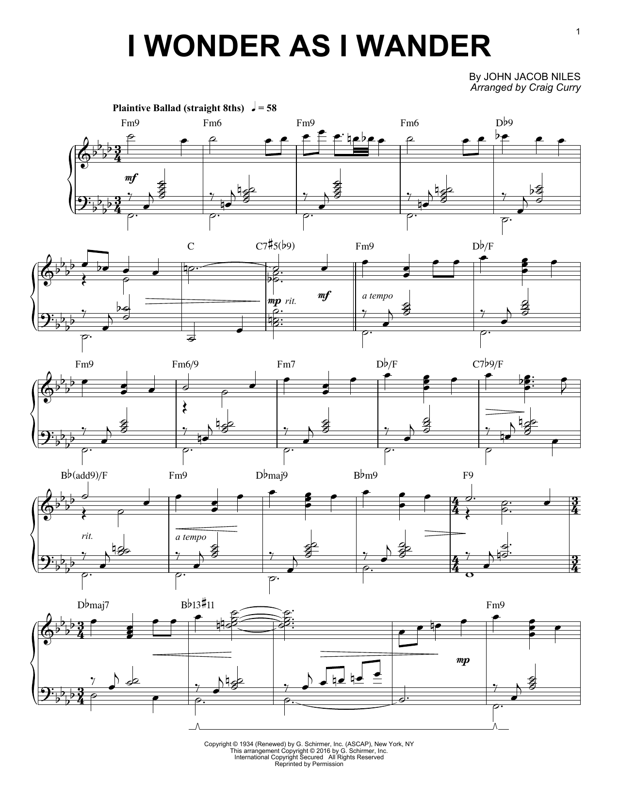 Craig Curry I Wonder As I Wander Sheet Music Notes & Chords for Piano - Download or Print PDF