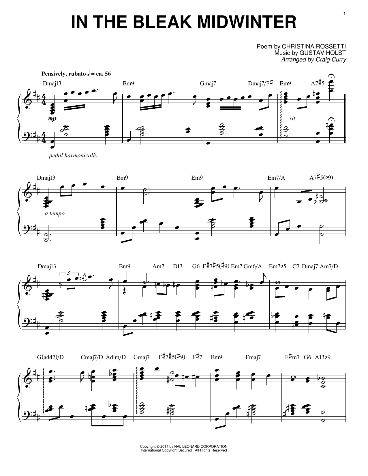 Craig Curry In The Bleak Midwinter Sheet Music Notes & Chords for Piano - Download or Print PDF