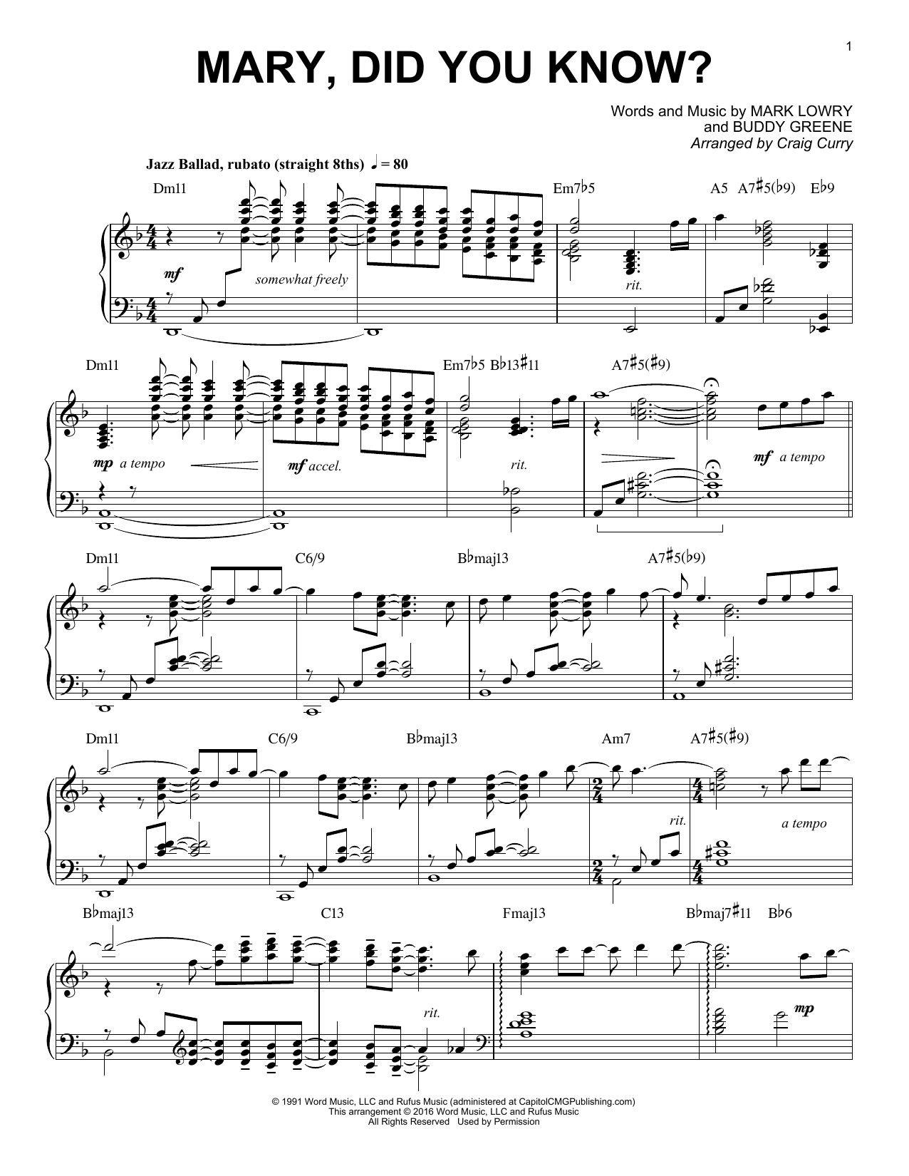 Craig Curry Mary, Did You Know? Sheet Music Notes & Chords for Piano - Download or Print PDF