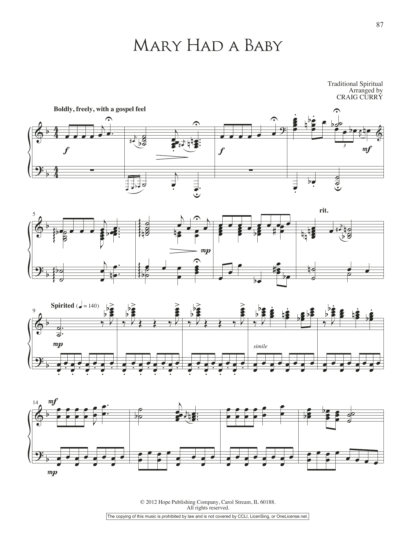Craig Curry Mary Had A Baby Sheet Music Notes & Chords for Piano Solo - Download or Print PDF