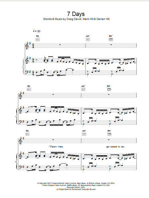 Craig David 7 Days Sheet Music Notes & Chords for Piano, Vocal & Guitar - Download or Print PDF