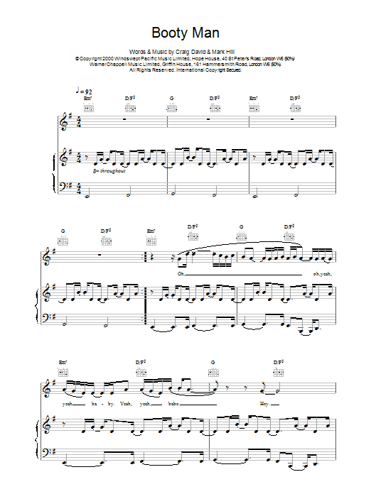 Craig David Booty Man Sheet Music Notes & Chords for Piano, Vocal & Guitar - Download or Print PDF