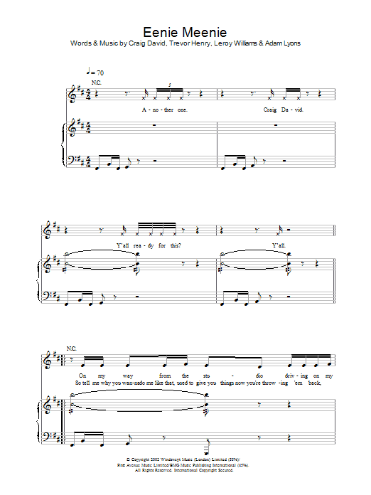 Craig David Eenie Meenie Sheet Music Notes & Chords for Piano, Vocal & Guitar - Download or Print PDF