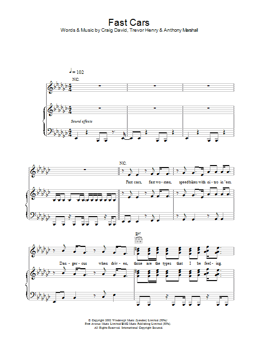 Craig David Fast Cars Sheet Music Notes & Chords for Melody Line, Lyrics & Chords - Download or Print PDF