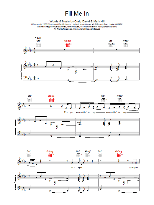 Craig David Fill Me In Sheet Music Notes & Chords for Piano, Vocal & Guitar - Download or Print PDF