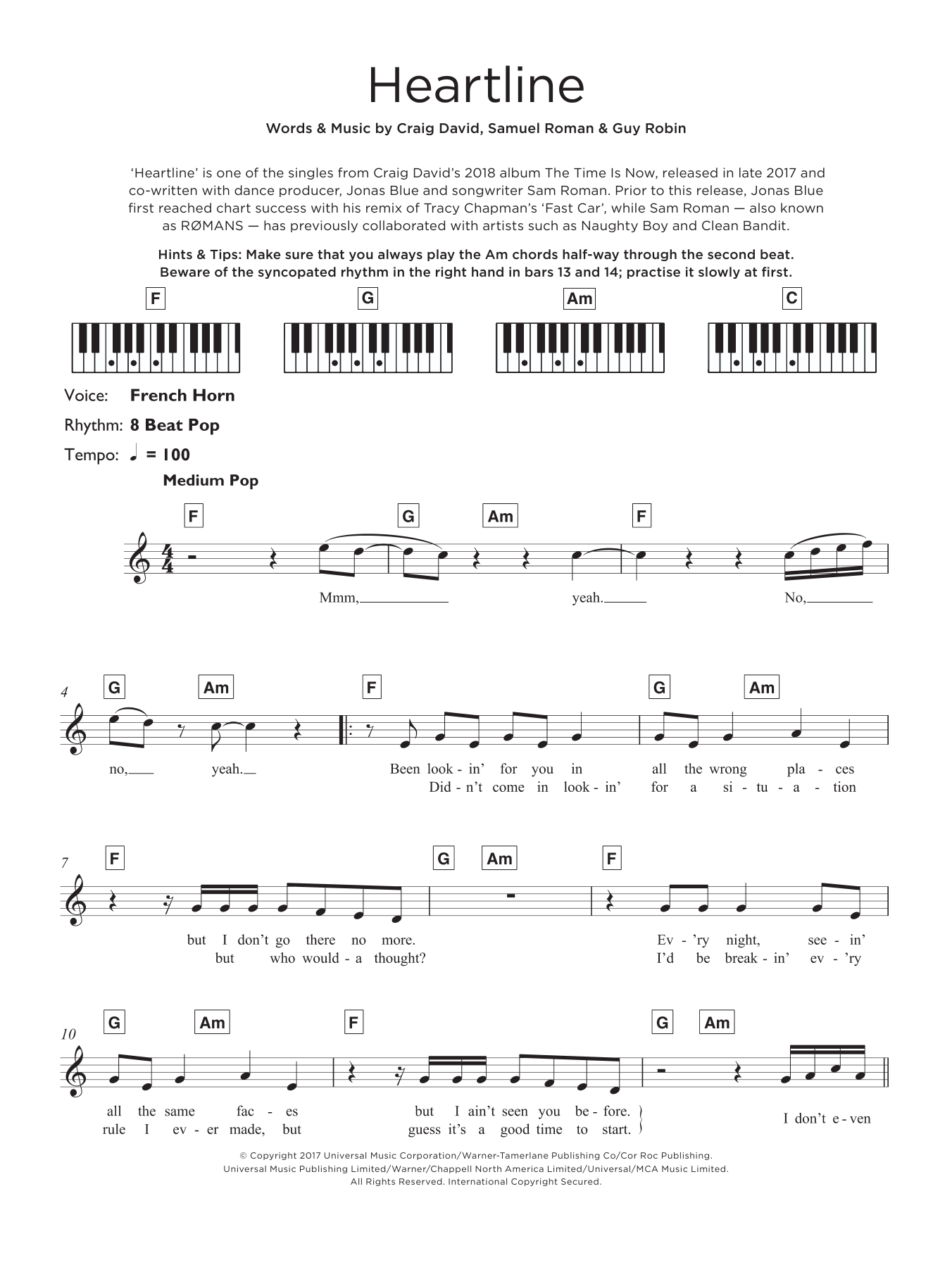 Craig David Heartline Sheet Music Notes & Chords for Keyboard - Download or Print PDF