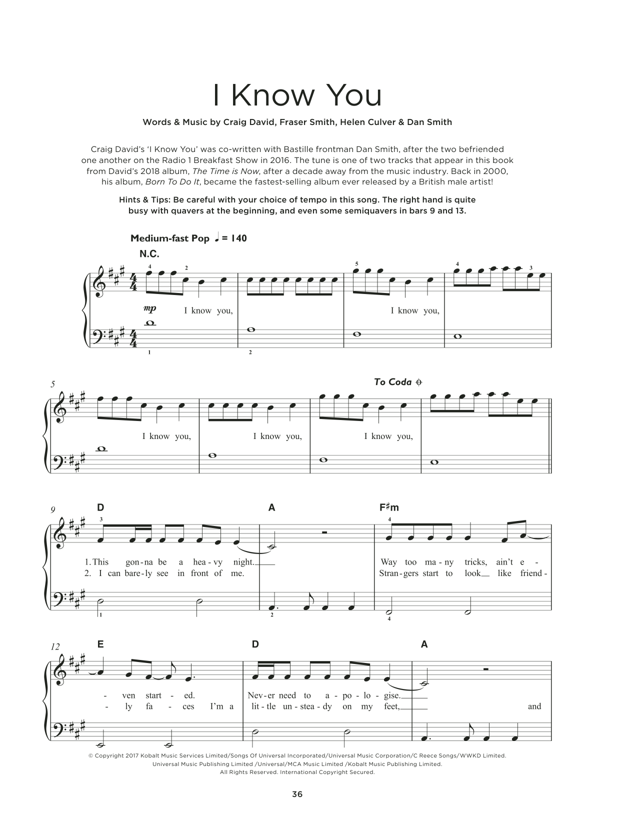 Craig David I Know You (feat. Bastille) Sheet Music Notes & Chords for Really Easy Piano - Download or Print PDF