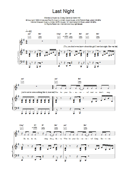 Craig David Last Night Sheet Music Notes & Chords for Piano, Vocal & Guitar - Download or Print PDF