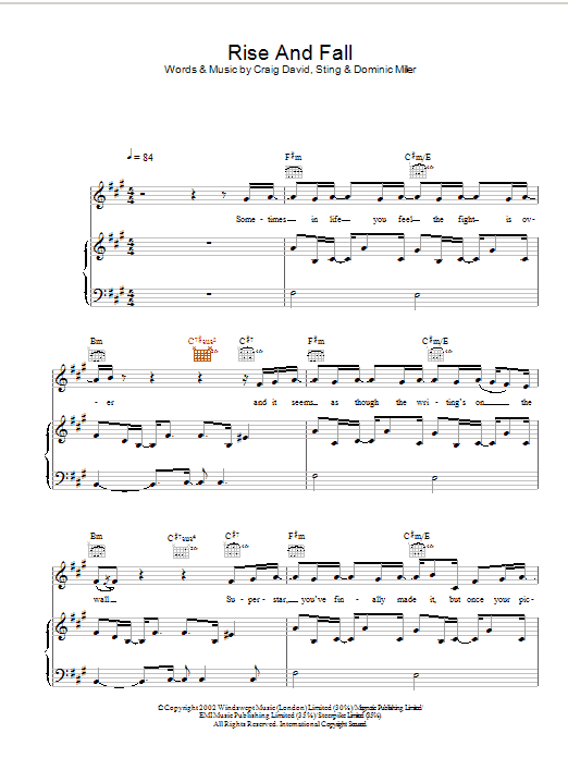 Craig David Rise And Fall Sheet Music Notes & Chords for Piano, Vocal & Guitar - Download or Print PDF