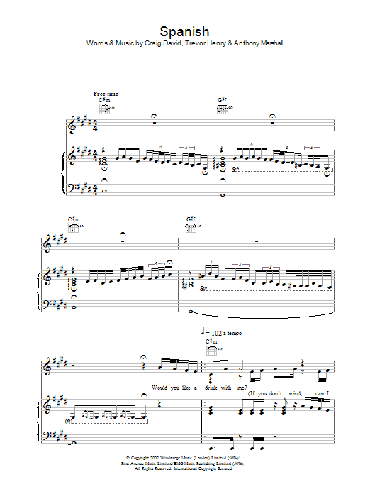 Craig David Spanish Sheet Music Notes & Chords for Piano, Vocal & Guitar - Download or Print PDF