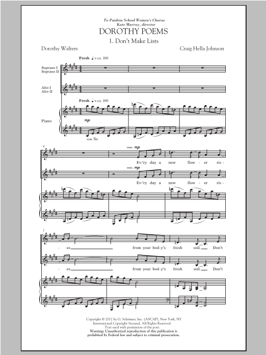 Craig Hella Johnson Don't Make Lists Sheet Music Notes & Chords for SSA - Download or Print PDF