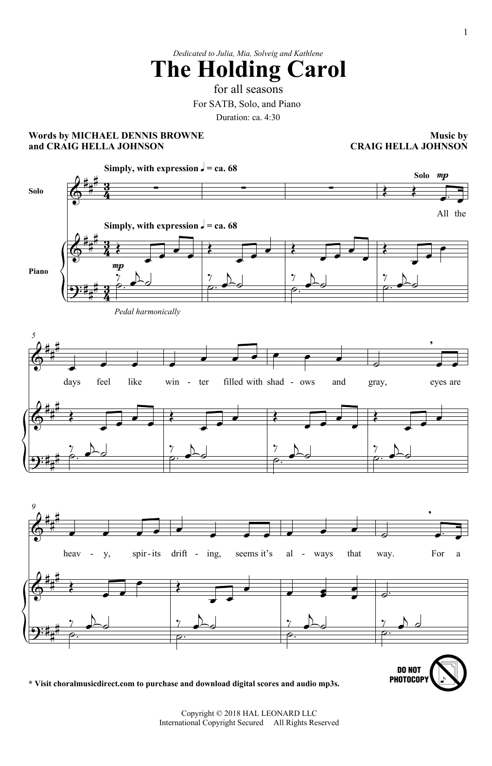 Craig Hella Johnson The Holding Carol Sheet Music Notes & Chords for SATB - Download or Print PDF