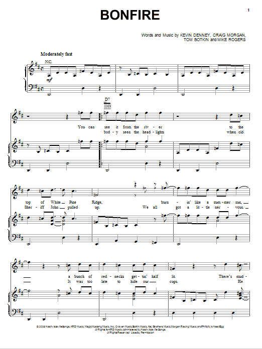 Craig Morgan Bonfire Sheet Music Notes & Chords for Piano, Vocal & Guitar (Right-Hand Melody) - Download or Print PDF
