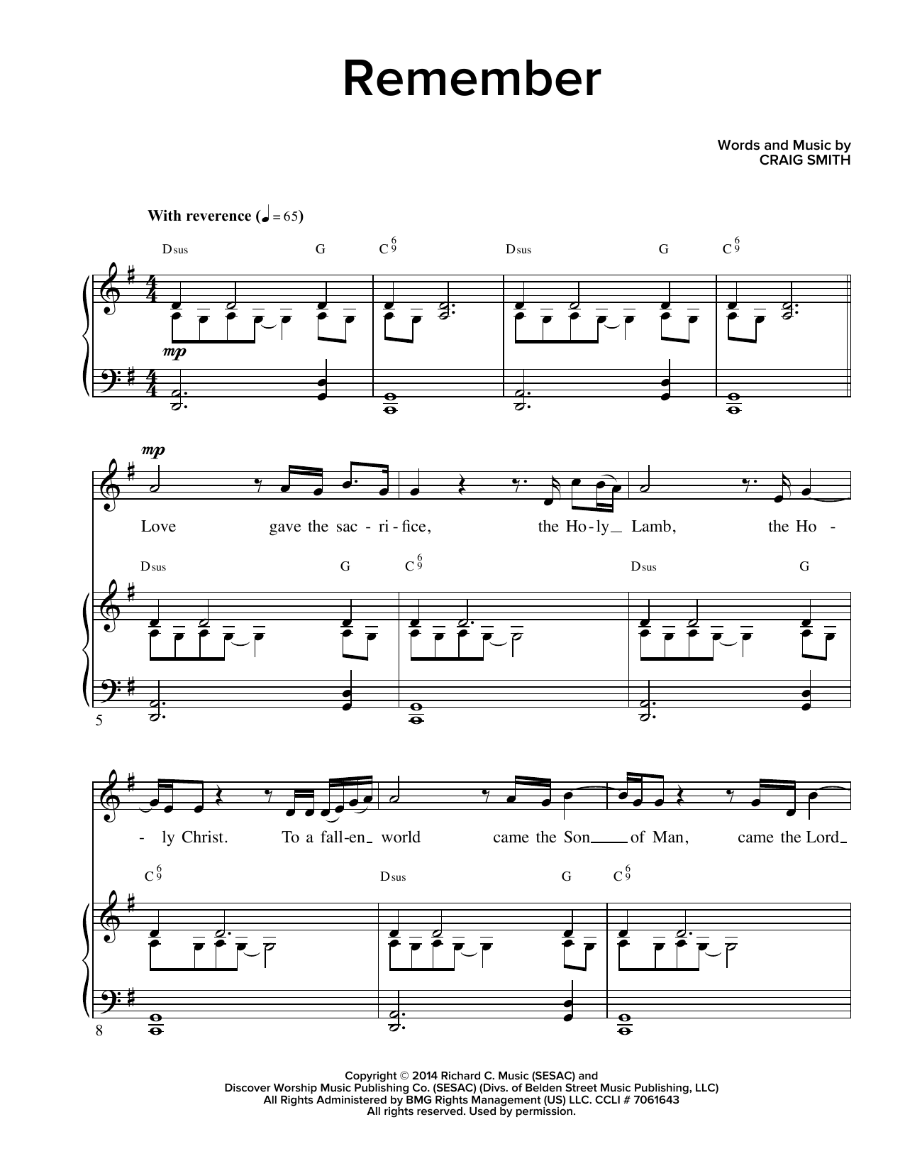 Craig Smith Remember Sheet Music Notes & Chords for Piano & Vocal - Download or Print PDF