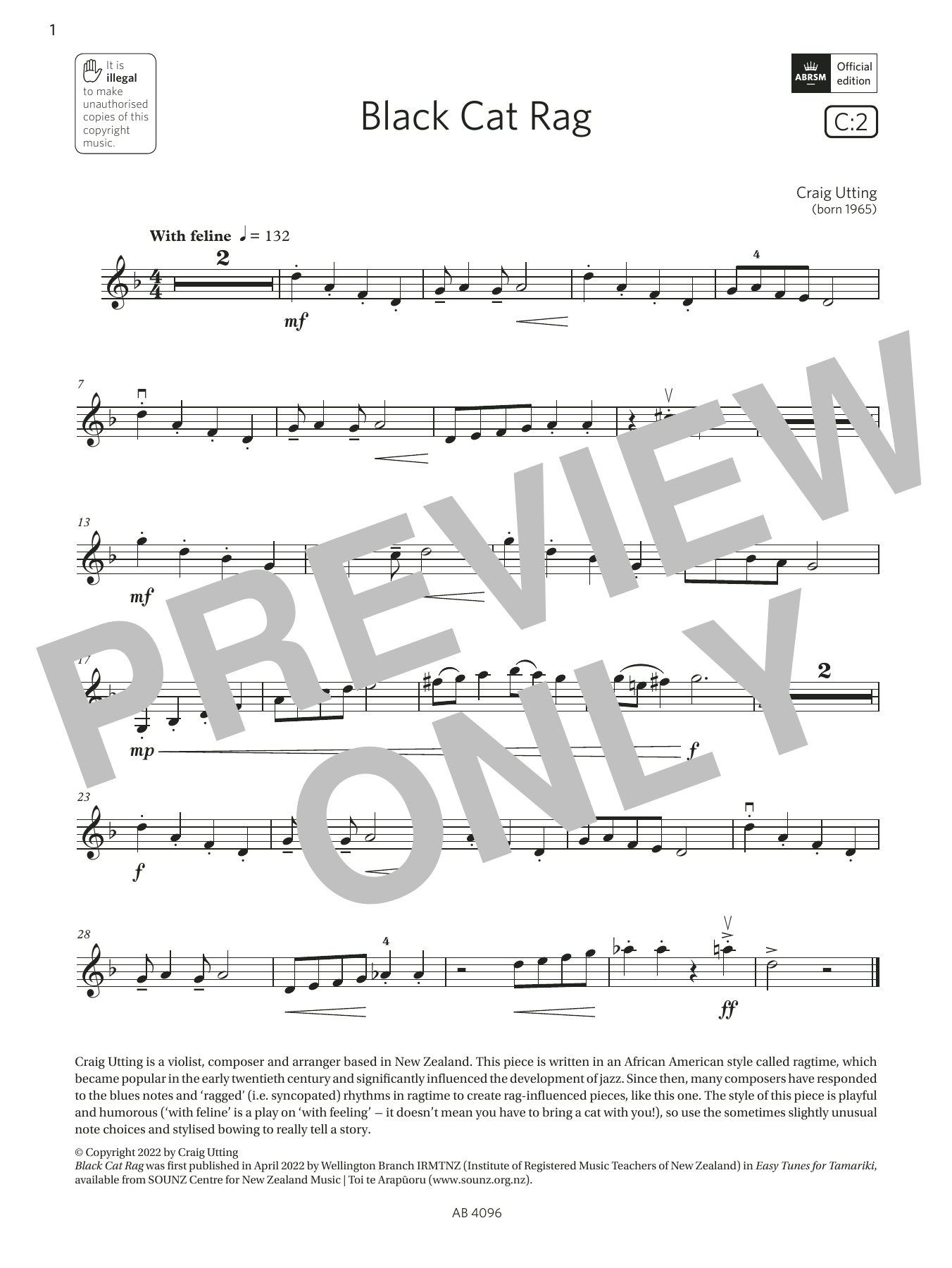 Craig Utting Black Cat Rag (Grade 2, C2, from the ABRSM Violin Syllabus from 2024) Sheet Music Notes & Chords for Violin Solo - Download or Print PDF