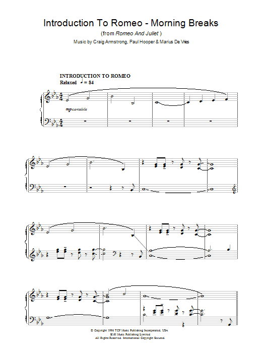 Preview Craig Armstrong Introduction To Romeo - Morning Breaks (from Romeo And Juliet) Film and TV sheet music, notes and chords for Piano, SKU: 37675 Introduction To Romeo - Morning Breaks (from Romeo And Juliet) sheet music