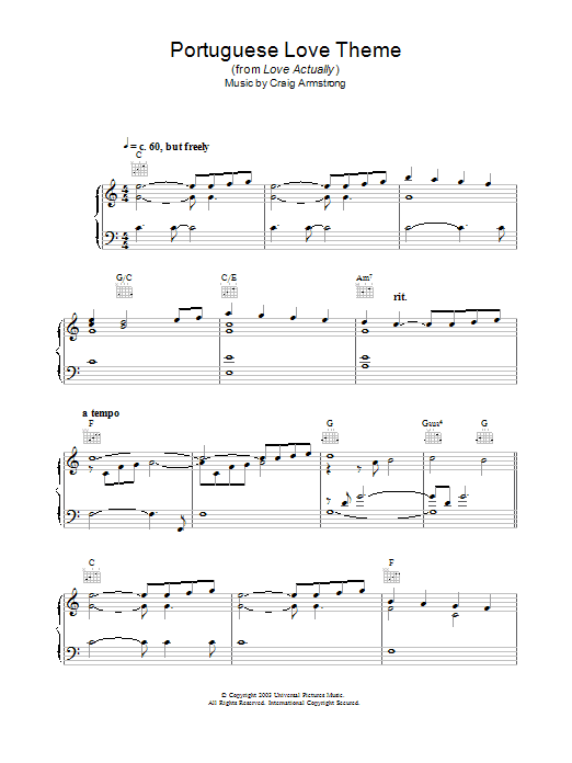 Preview Craig Armstrong Portuguese Love Theme Film and TV sheet music, notes and chords for Piano, SKU: 26095 Portuguese Love Theme sheet music