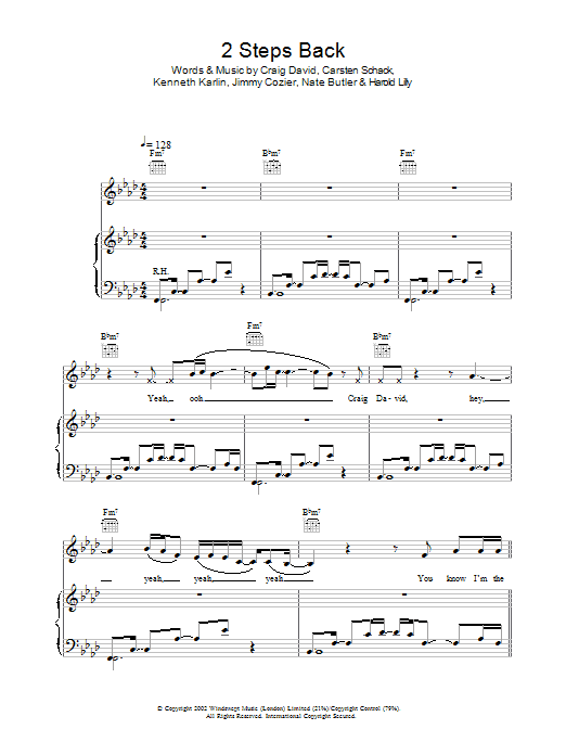 Preview Craig David 2 Steps Back R & B sheet music, notes and chords for Piano, Vocal & Guitar, SKU: 22242 2 Steps Back sheet music