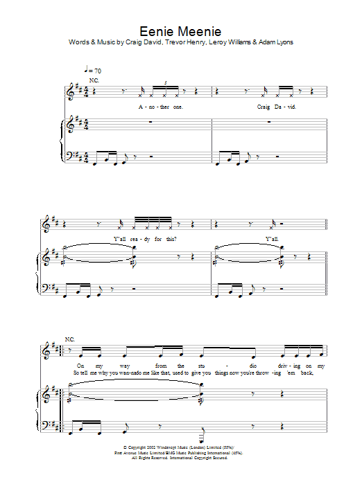 Preview Craig David Eenie Meenie R & B sheet music, notes and chords for Piano, Vocal & Guitar, SKU: 22253 Eenie Meenie sheet music