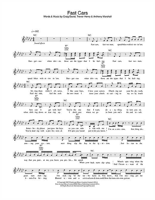 Preview Craig David Fast Cars R & B sheet music, notes and chords for Piano, Vocal & Guitar (Right-Hand Melody), SKU: 22243 Fast Cars sheet music