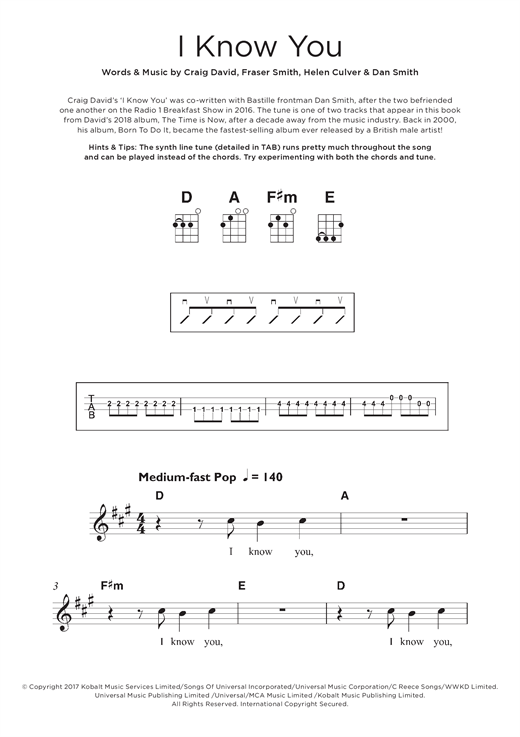 Craig David I Know You (feat. Bastille) Sheet Music Notes & Chords for Beginner Ukulele - Download or Print PDF