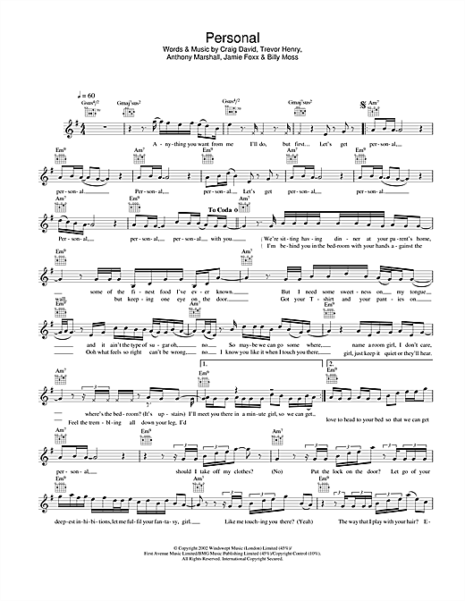 Preview Craig David Personal R & B sheet music, notes and chords for Piano, Vocal & Guitar, SKU: 22246 Personal sheet music