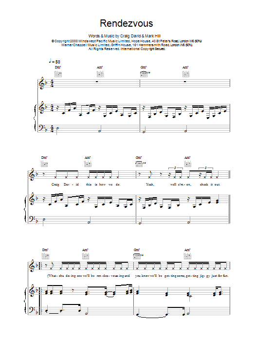 Preview Craig David Rendezvous R & B sheet music, notes and chords for Piano, Vocal & Guitar, SKU: 14594 Rendezvous sheet music