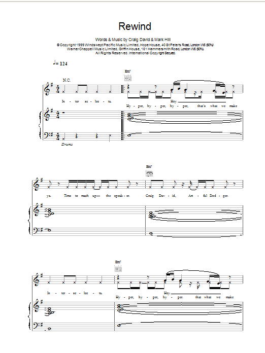 Preview Craig David Rewind R & B sheet music, notes and chords for Piano, Vocal & Guitar (Right-Hand Melody), SKU: 14595 Rewind sheet music