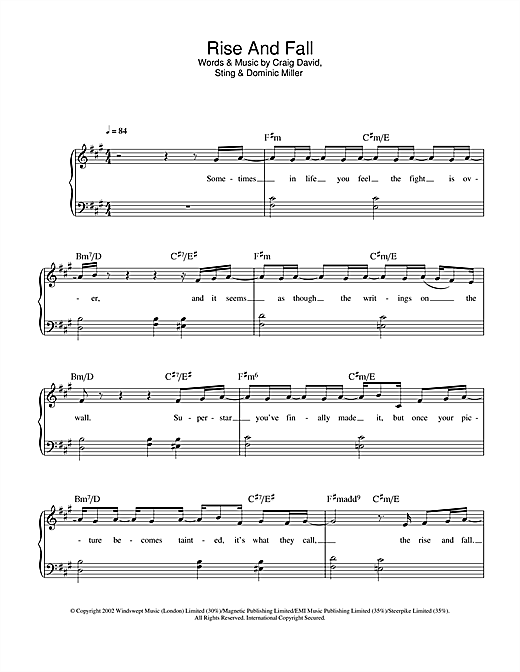 Craig David Rise & Fall Sheet Music Notes & Chords for Easy Piano - Download or Print PDF