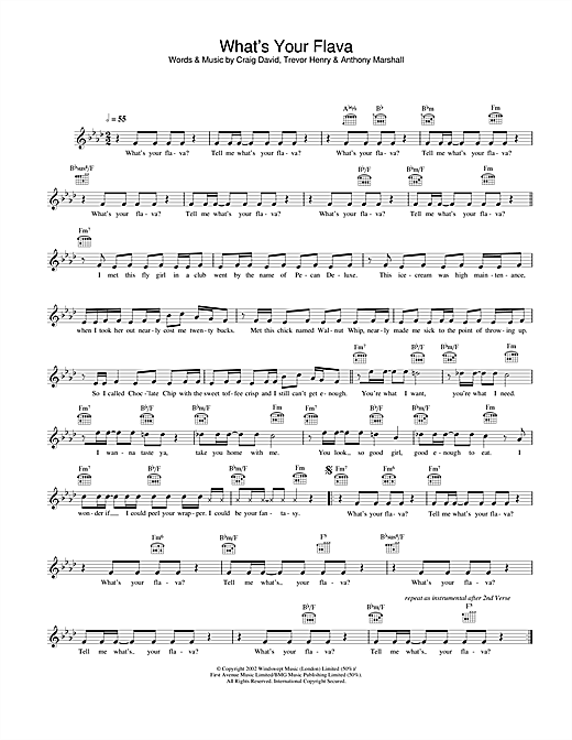 Preview Craig David What’s Your Flava R & B sheet music, notes and chords for Melody Line, Lyrics & Chords, SKU: 25823 What’s Your Flava sheet music