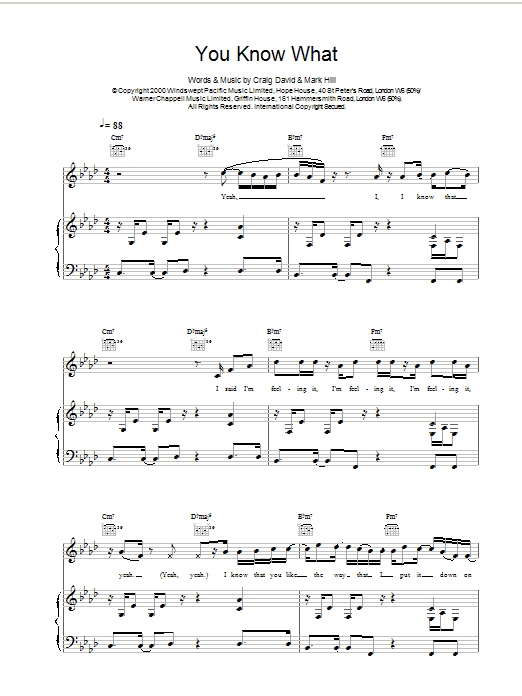 Preview Craig David You Know What R & B sheet music, notes and chords for Piano, Vocal & Guitar, SKU: 14598 You Know What sheet music