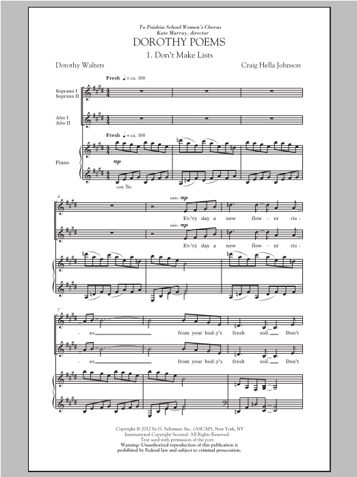 Preview Craig Hella Johnson Don't Make Lists Concert sheet music, notes and chords for SSA, SKU: 94026 Don't Make Lists sheet music