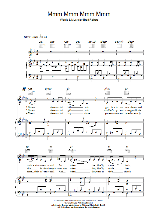 Crash Test Dummies Mmm Mmm Mmm Mmm Sheet Music Notes & Chords for Piano, Vocal & Guitar - Download or Print PDF