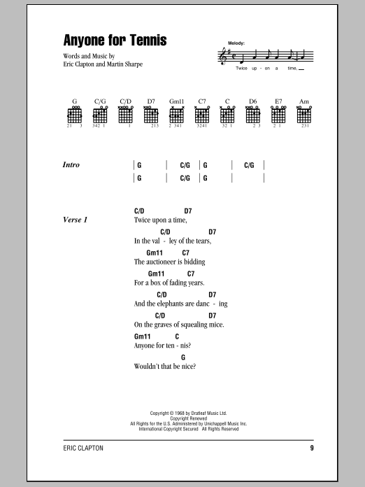 Cream Anyone For Tennis Sheet Music Notes & Chords for Lyrics & Chords - Download or Print PDF