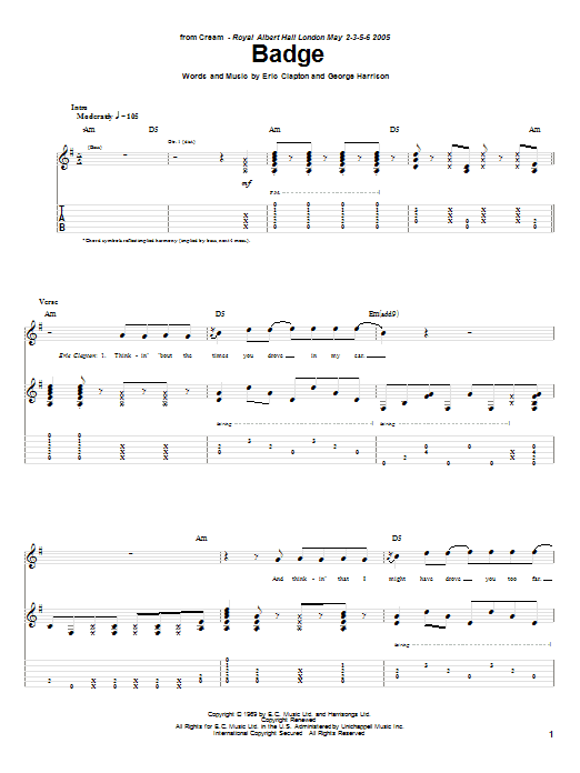 Cream Badge Sheet Music Notes & Chords for Guitar Tab - Download or Print PDF