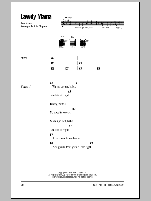 Cream Lawdy Mama Sheet Music Notes & Chords for Lyrics & Chords - Download or Print PDF