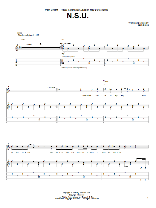 Cream N.S.U. Sheet Music Notes & Chords for Guitar Tab - Download or Print PDF